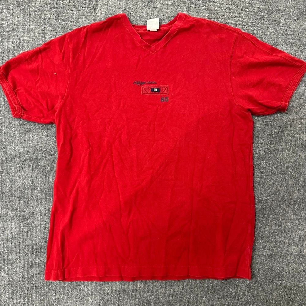 Tommy Jeans Shirt Mens Large Red Waffle Knit V-Neck Short Sleeve Logo Tee